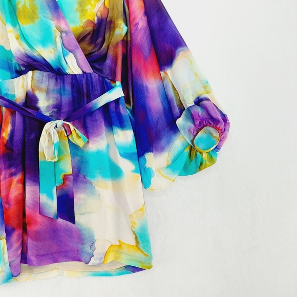 Suzi Chin Watercolor Abstract Chiffon Layer Open Sleeve Knee Length Dress P6702 - Picture 4 of 10